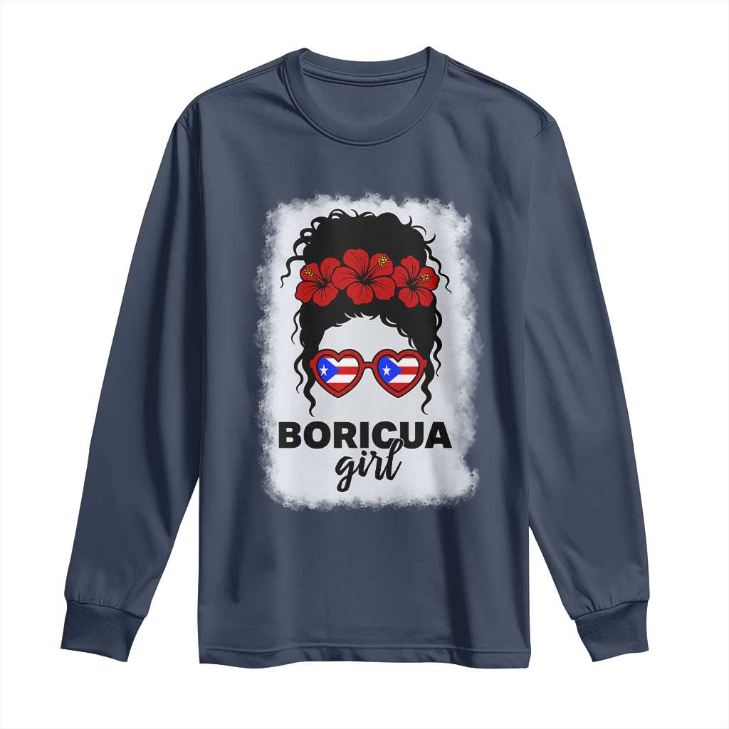 Boricua Girl Long Sleeve Shirt Messy Bun Puerto Rican Flag Hibiscus Flower TS10 Navy Print Your Wear