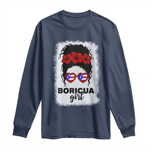 Boricua Girl Long Sleeve Shirt Messy Bun Puerto Rican Flag Hibiscus Flower TS10 Navy Print Your Wear