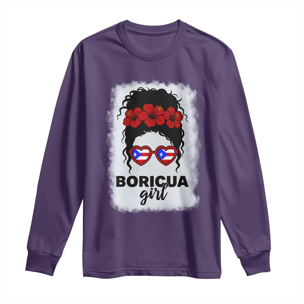 Boricua Girl Long Sleeve Shirt Messy Bun Puerto Rican Flag Hibiscus Flower TS10 Purple Print Your Wear