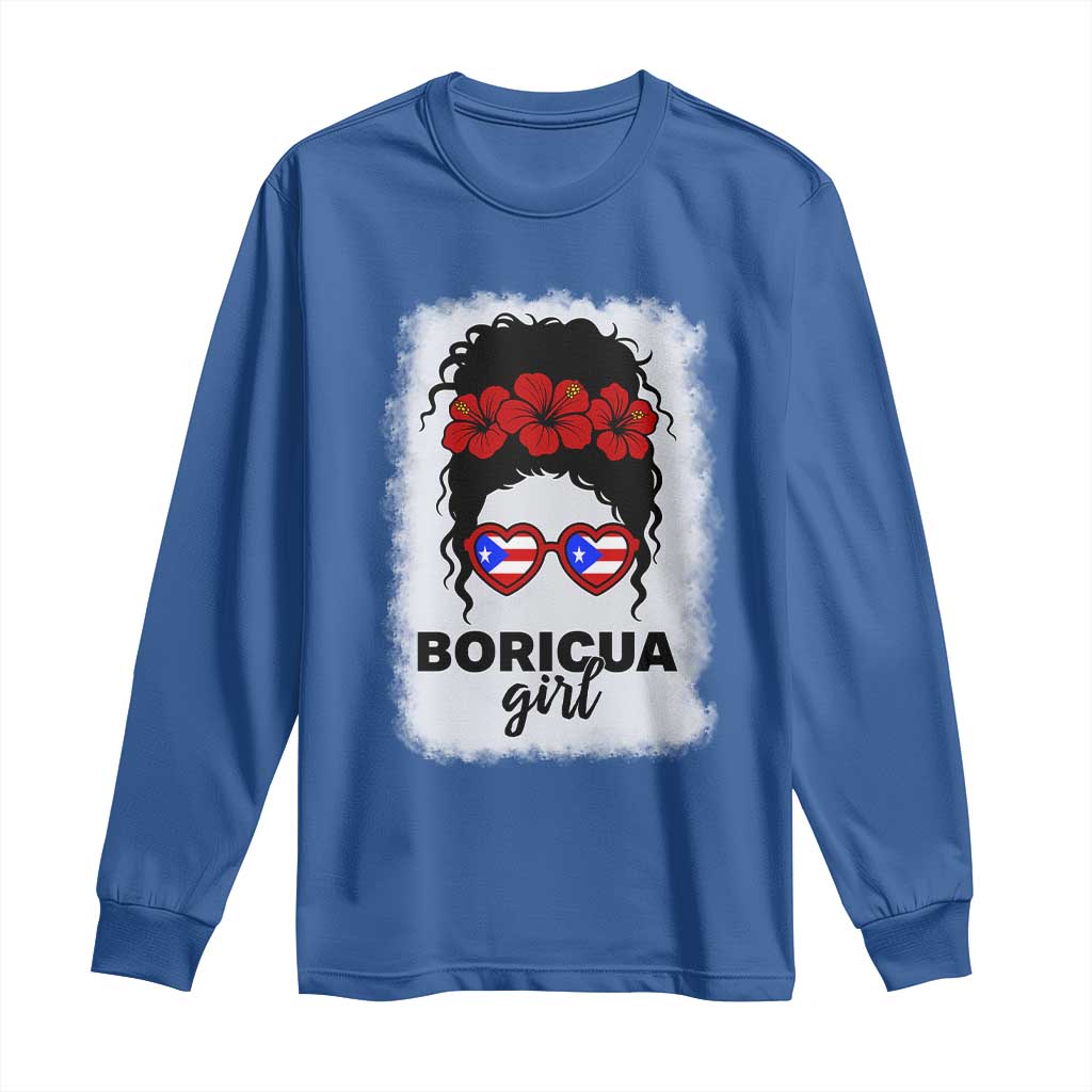 Boricua Girl Long Sleeve Shirt Messy Bun Puerto Rican Flag Hibiscus Flower TS10 Royal Blue Print Your Wear