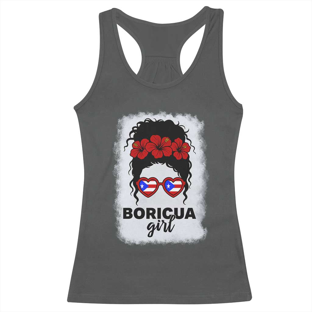 Boricua Girl Racerback Tank Top Messy Bun Puerto Rican Flag Hibiscus Flower TS10 Dark Heather Print Your Wear