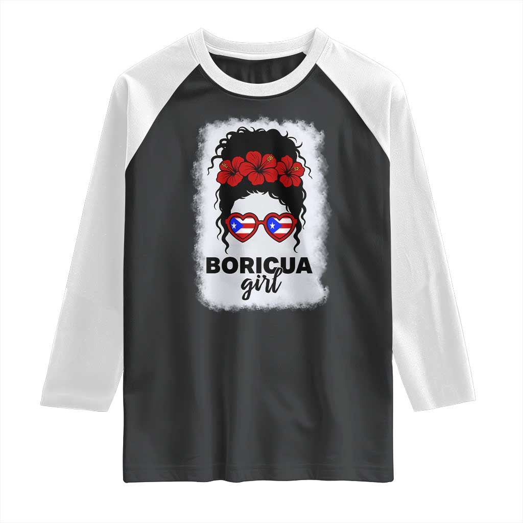 Boricua Girl Raglan Shirt Messy Bun Puerto Rican Flag Hibiscus Flower TS10 Black White Print Your Wear