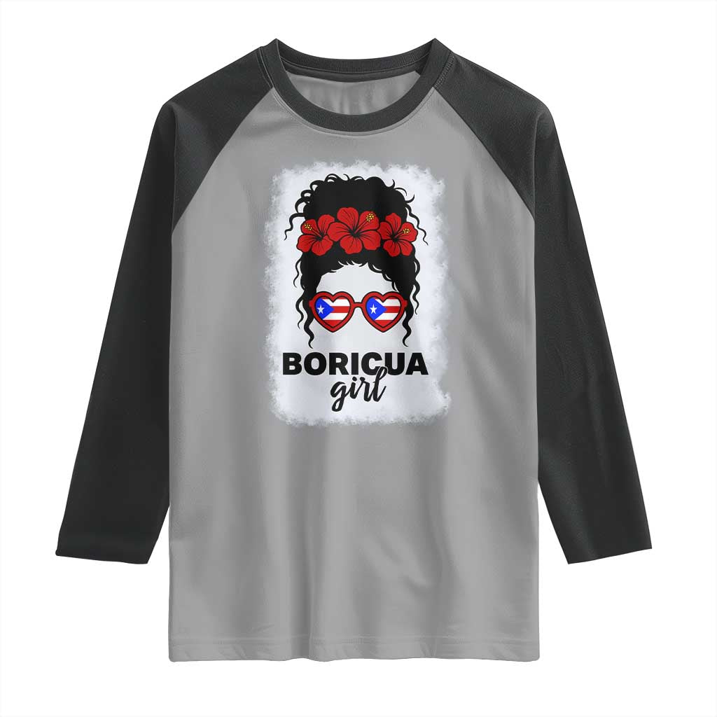 Boricua Girl Raglan Shirt Messy Bun Puerto Rican Flag Hibiscus Flower TS10 Sport Gray Black Print Your Wear