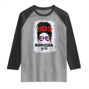 Boricua Girl Raglan Shirt Messy Bun Puerto Rican Flag Hibiscus Flower TS10 Sport Gray Black Print Your Wear