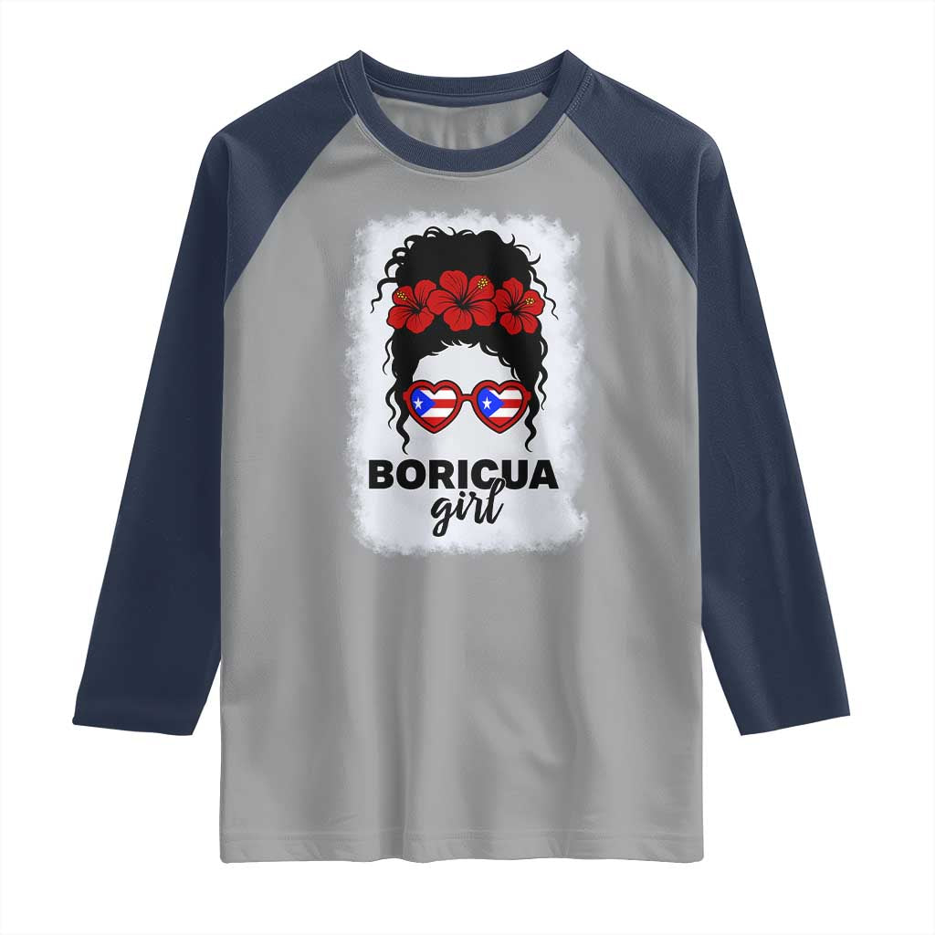 Boricua Girl Raglan Shirt Messy Bun Puerto Rican Flag Hibiscus Flower TS10 Sport Gray Navy Print Your Wear