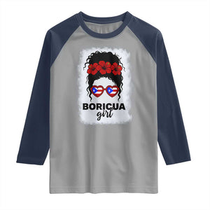 Boricua Girl Raglan Shirt Messy Bun Puerto Rican Flag Hibiscus Flower TS10 Sport Gray Navy Print Your Wear