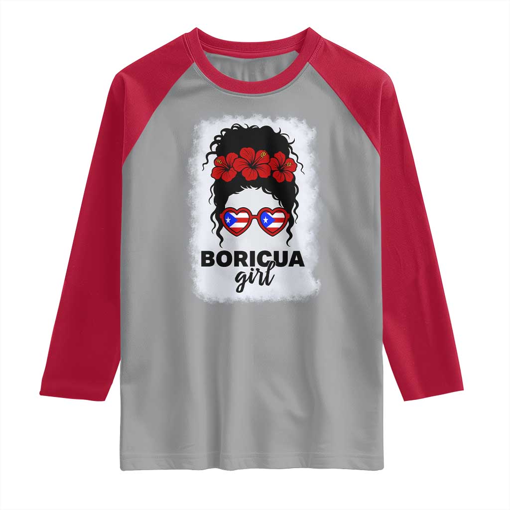 Boricua Girl Raglan Shirt Messy Bun Puerto Rican Flag Hibiscus Flower TS10 Sport Gray Red Print Your Wear