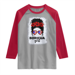 Boricua Girl Raglan Shirt Messy Bun Puerto Rican Flag Hibiscus Flower TS10 Sport Gray Red Print Your Wear