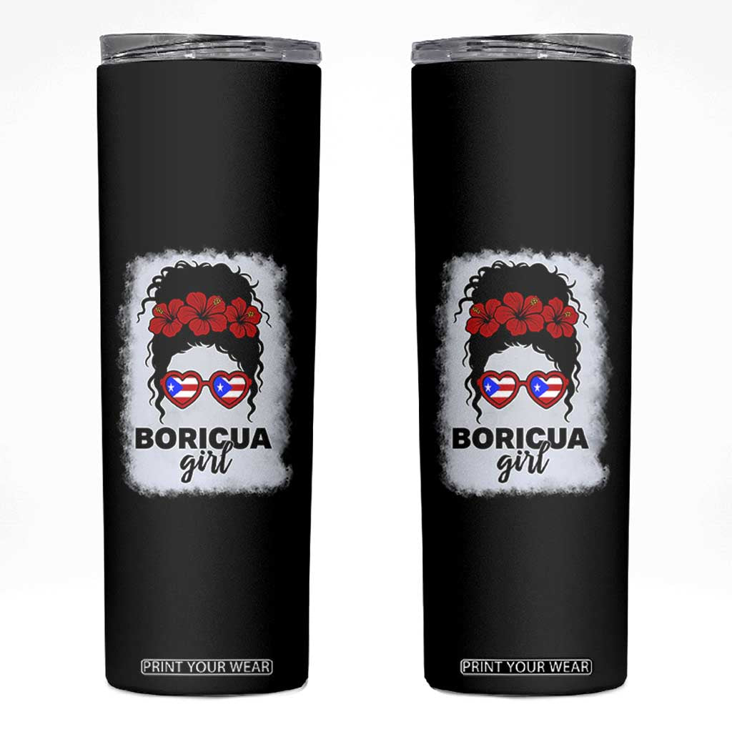 Boricua Girl Skinny Tumbler Messy Bun Puerto Rican Flag Hibiscus Flower TS10 Black Print Your Wear