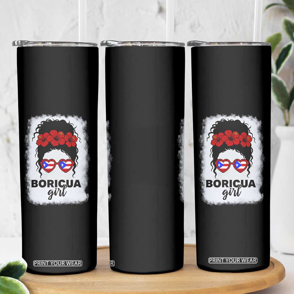 Boricua Girl Skinny Tumbler Messy Bun Puerto Rican Flag Hibiscus Flower TS10 Print Your Wear