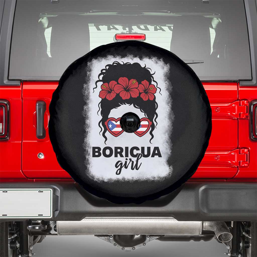 Boricua Girl Spare Tire Cover Messy Bun Puerto Rican Flag Hibiscus Flower TS10 Black Print Your Wear