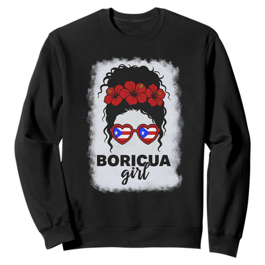 Boricua Girl Sweatshirt Messy Bun Puerto Rican Flag Hibiscus Flower TS10 Black Print Your Wear