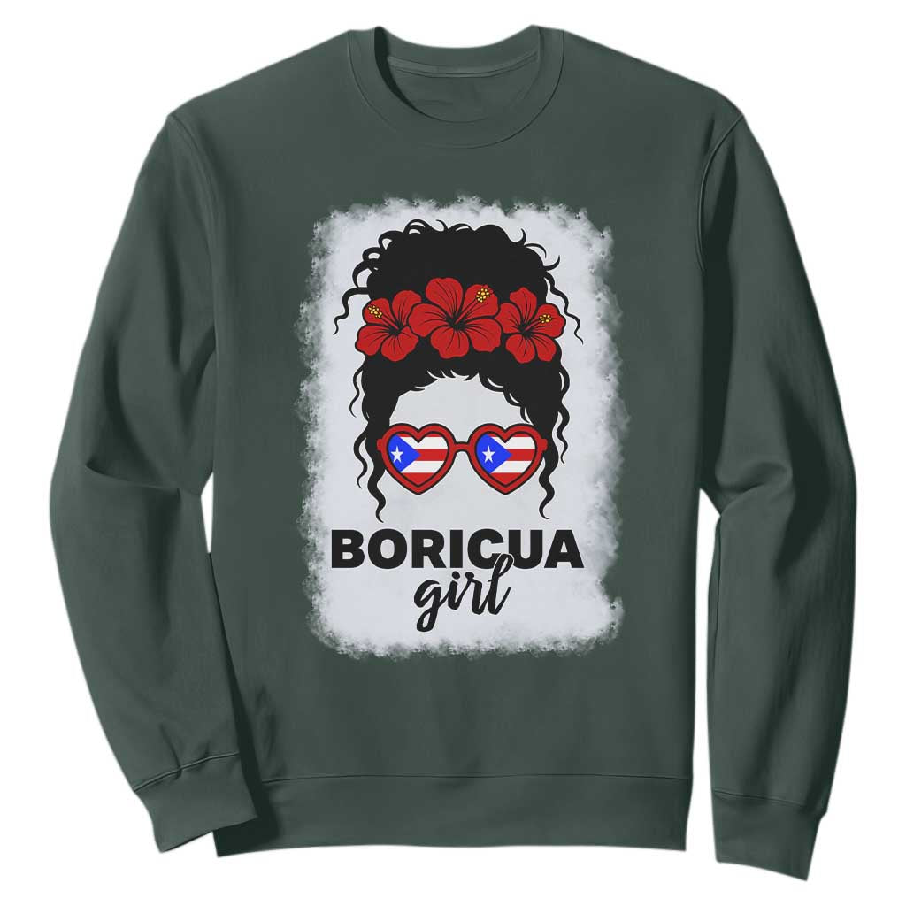 Boricua Girl Sweatshirt Messy Bun Puerto Rican Flag Hibiscus Flower TS10 Dark Forest Green Print Your Wear