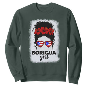 Boricua Girl Sweatshirt Messy Bun Puerto Rican Flag Hibiscus Flower TS10 Dark Forest Green Print Your Wear