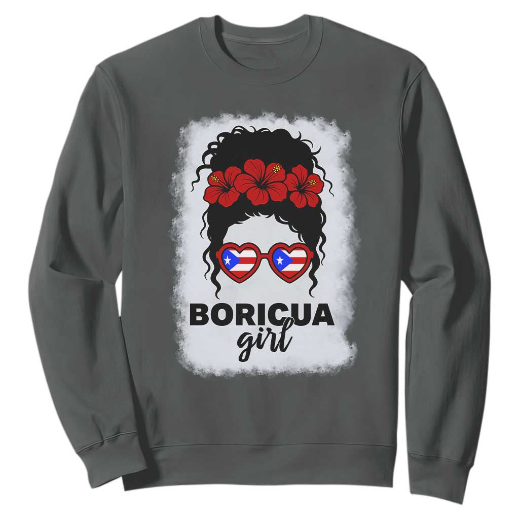 Boricua Girl Sweatshirt Messy Bun Puerto Rican Flag Hibiscus Flower TS10 Dark Heather Print Your Wear