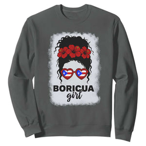 Boricua Girl Sweatshirt Messy Bun Puerto Rican Flag Hibiscus Flower TS10 Dark Heather Print Your Wear