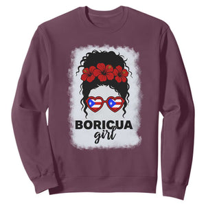 Boricua Girl Sweatshirt Messy Bun Puerto Rican Flag Hibiscus Flower TS10 Maroon Print Your Wear