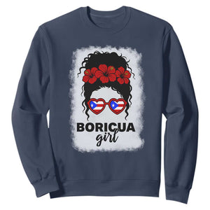 Boricua Girl Sweatshirt Messy Bun Puerto Rican Flag Hibiscus Flower TS10 Navy Print Your Wear