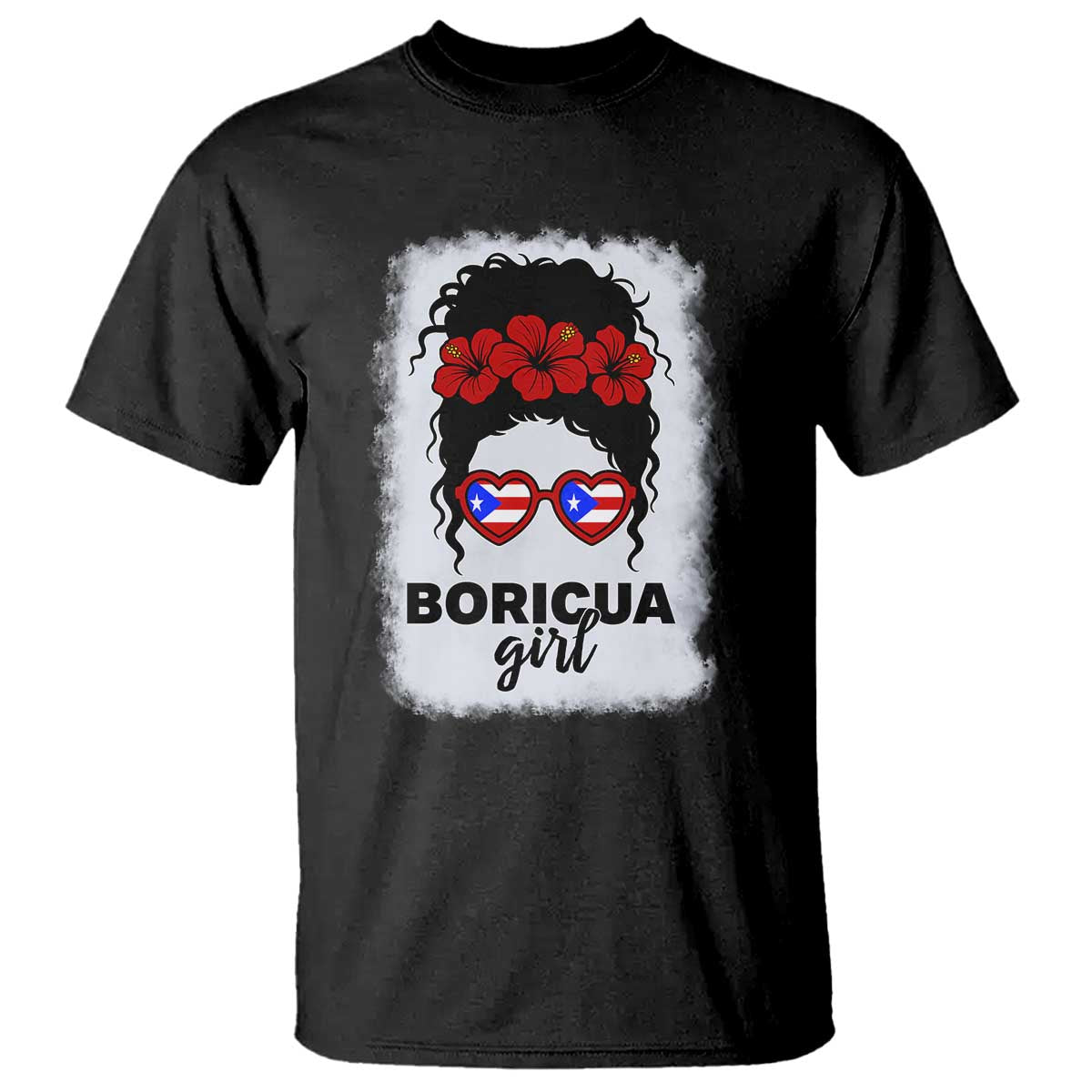 Boricua Girl T Shirt Messy Bun Puerto Rican Flag Hibiscus Flower TS10 Black Print Your Wear