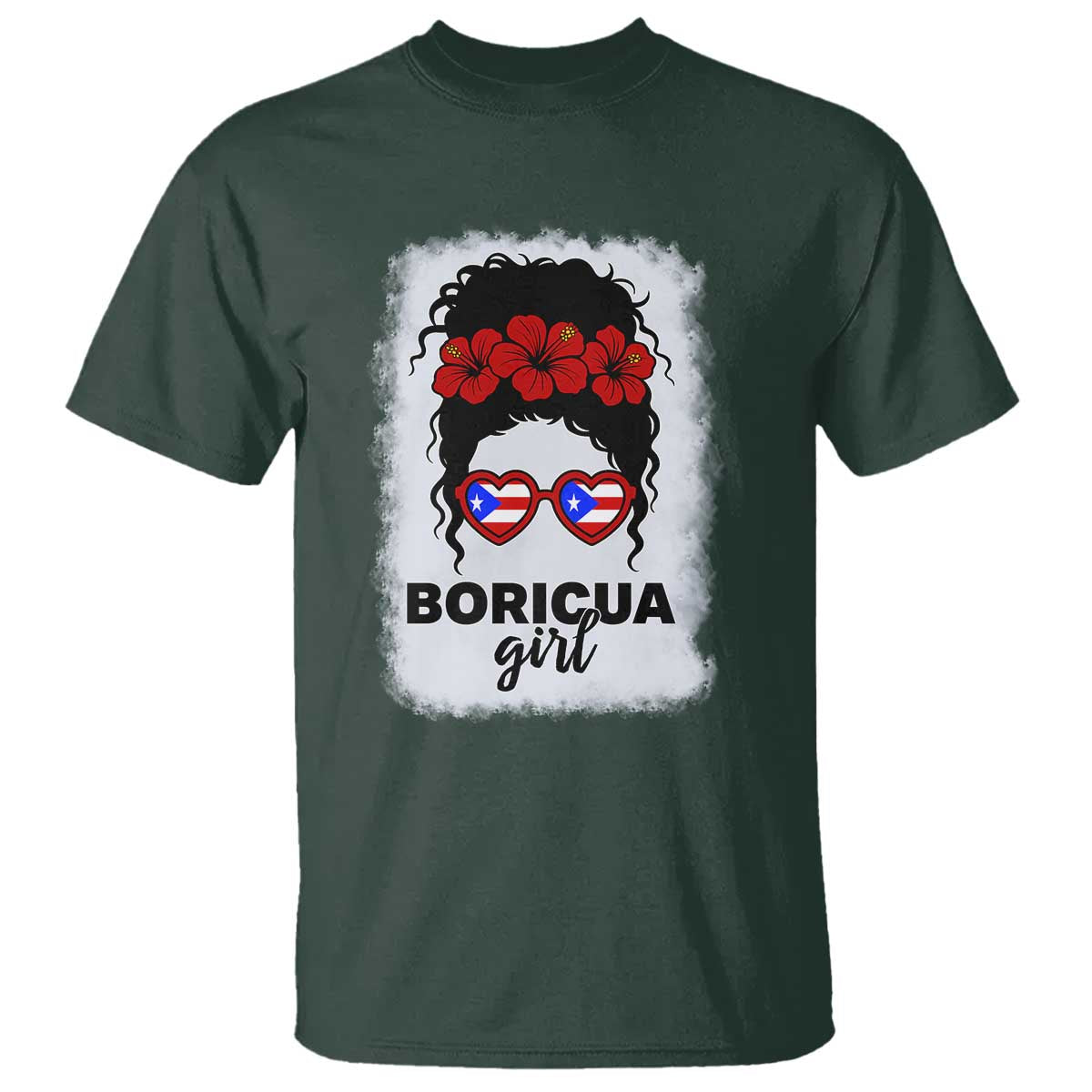Boricua Girl T Shirt Messy Bun Puerto Rican Flag Hibiscus Flower TS10 Dark Forest Green Print Your Wear
