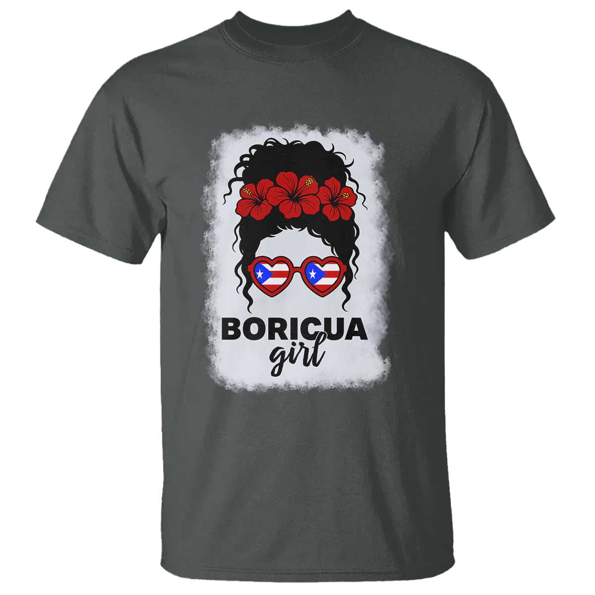Boricua Girl T Shirt Messy Bun Puerto Rican Flag Hibiscus Flower TS10 Dark Heather Print Your Wear