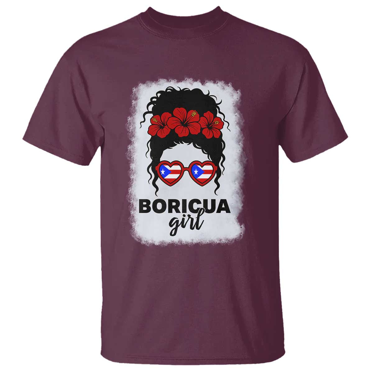 Boricua Girl T Shirt Messy Bun Puerto Rican Flag Hibiscus Flower TS10 Maroon Print Your Wear