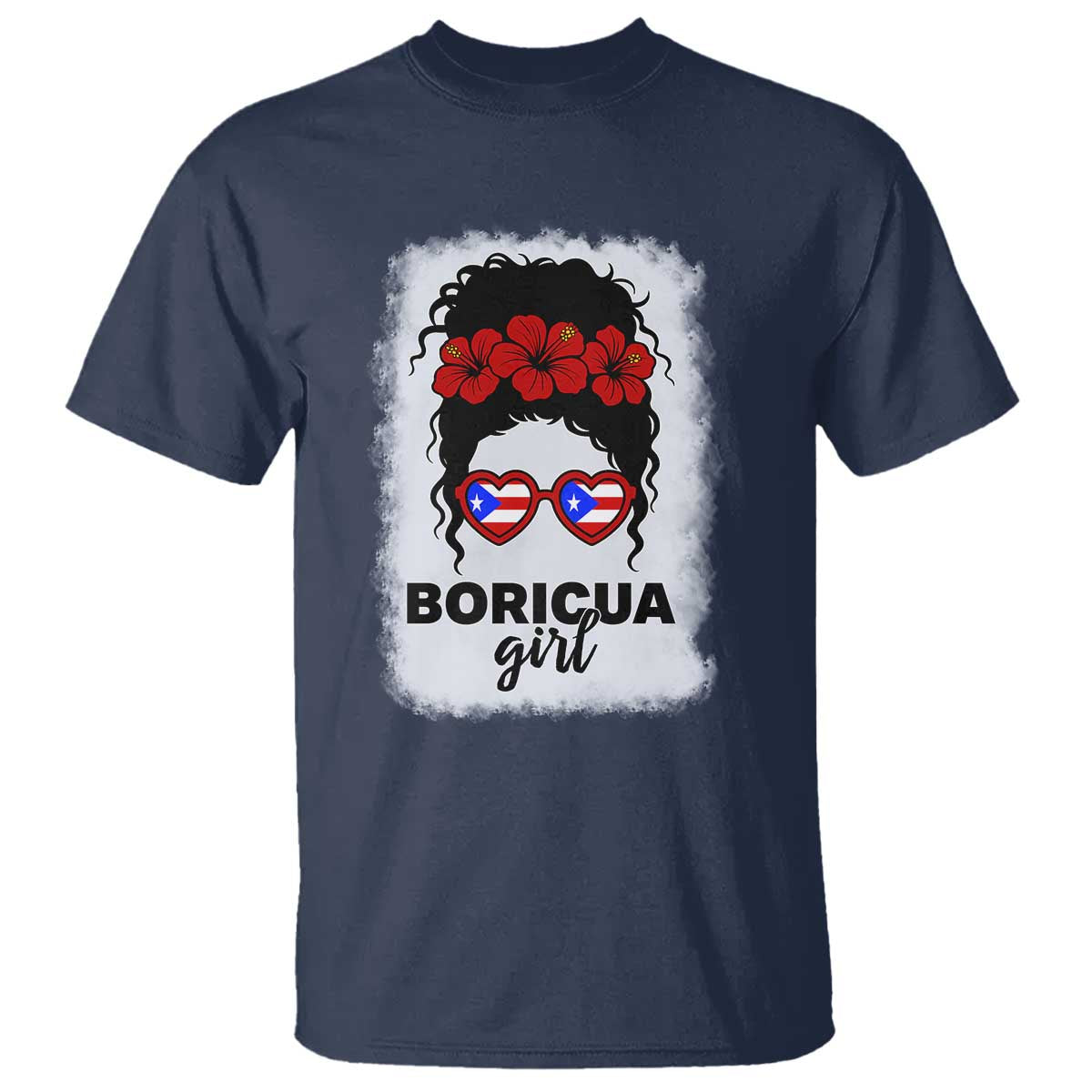 Boricua Girl T Shirt Messy Bun Puerto Rican Flag Hibiscus Flower TS10 Navy Print Your Wear