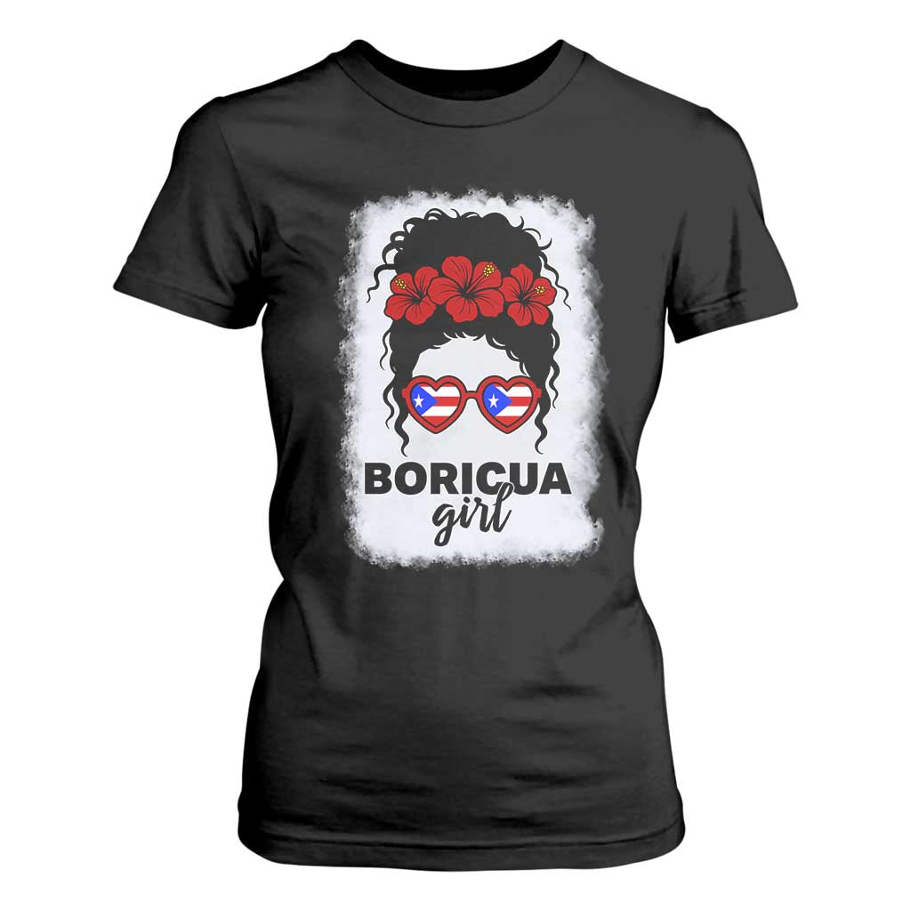 Boricua Girl T Shirt For Women Messy Bun Puerto Rican Flag Hibiscus Flower TS10 Black Print Your Wear