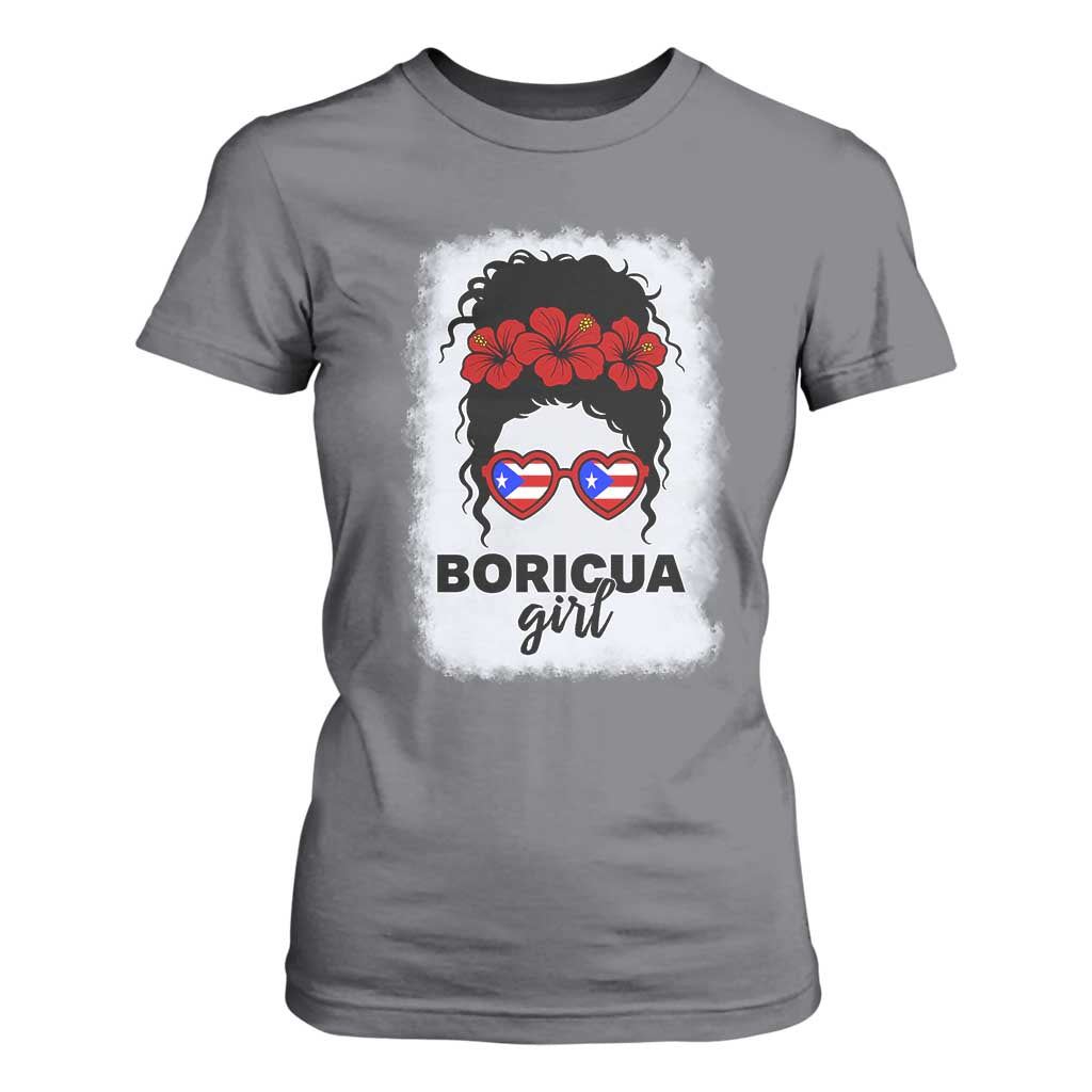 Boricua Girl T Shirt For Women Messy Bun Puerto Rican Flag Hibiscus Flower TS10 Charcoal Print Your Wear