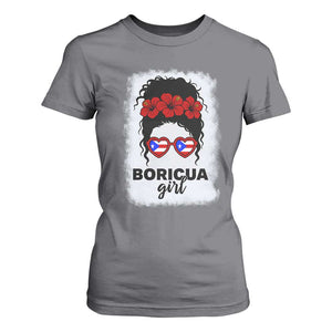 Boricua Girl T Shirt For Women Messy Bun Puerto Rican Flag Hibiscus Flower TS10 Charcoal Print Your Wear