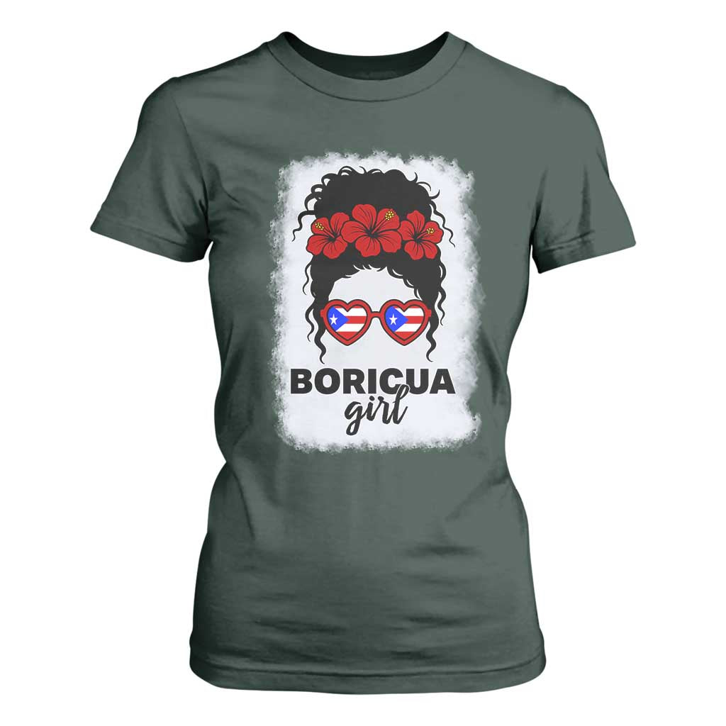 Boricua Girl T Shirt For Women Messy Bun Puerto Rican Flag Hibiscus Flower TS10 Dark Forest Green Print Your Wear