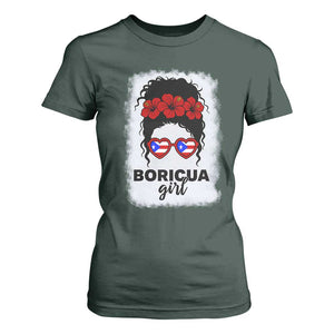 Boricua Girl T Shirt For Women Messy Bun Puerto Rican Flag Hibiscus Flower TS10 Dark Forest Green Print Your Wear