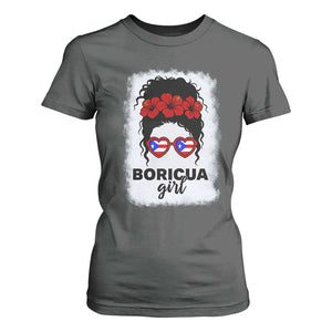 Boricua Girl T Shirt For Women Messy Bun Puerto Rican Flag Hibiscus Flower TS10 Dark Heather Print Your Wear