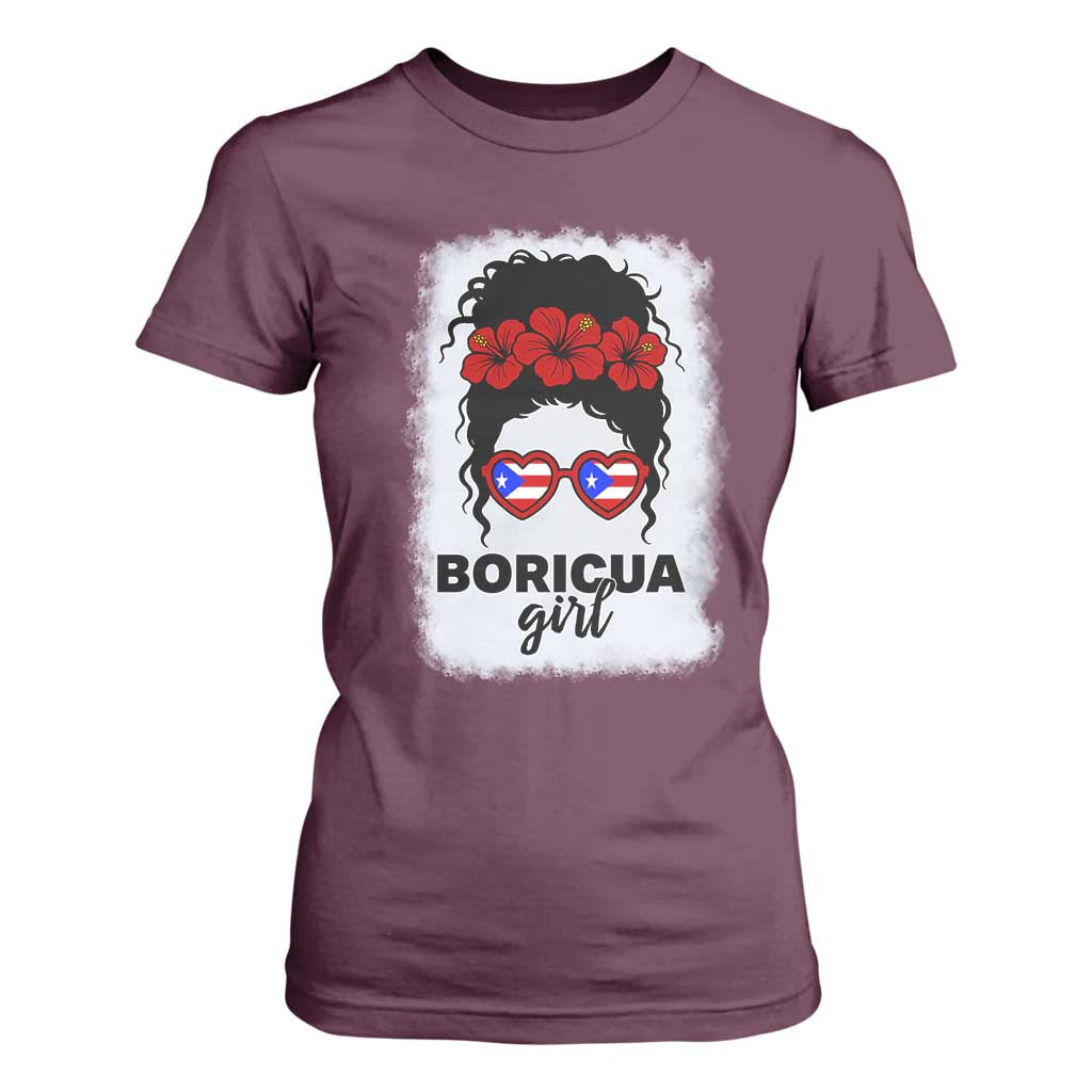 Boricua Girl T Shirt For Women Messy Bun Puerto Rican Flag Hibiscus Flower TS10 Maroon Print Your Wear