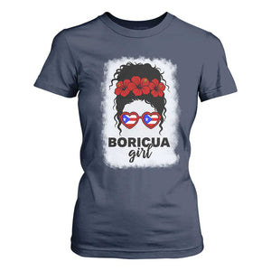 Boricua Girl T Shirt For Women Messy Bun Puerto Rican Flag Hibiscus Flower TS10 Navy Print Your Wear