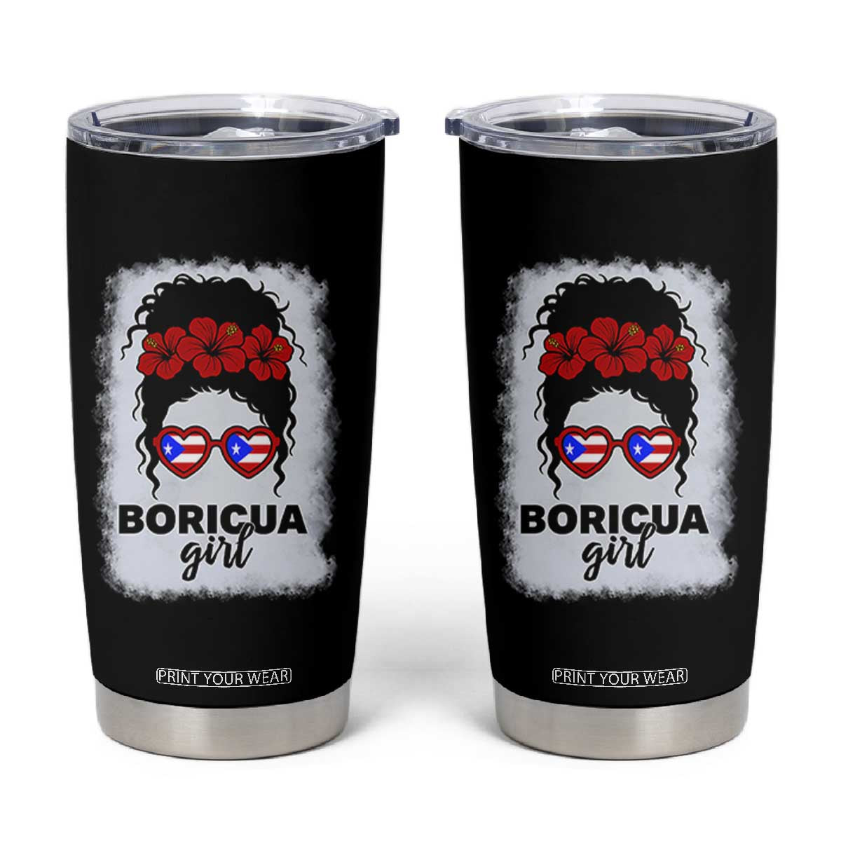 Boricua Girl Tumbler Cup Messy Bun Puerto Rican Flag Hibiscus Flower TS10 Black Print Your Wear