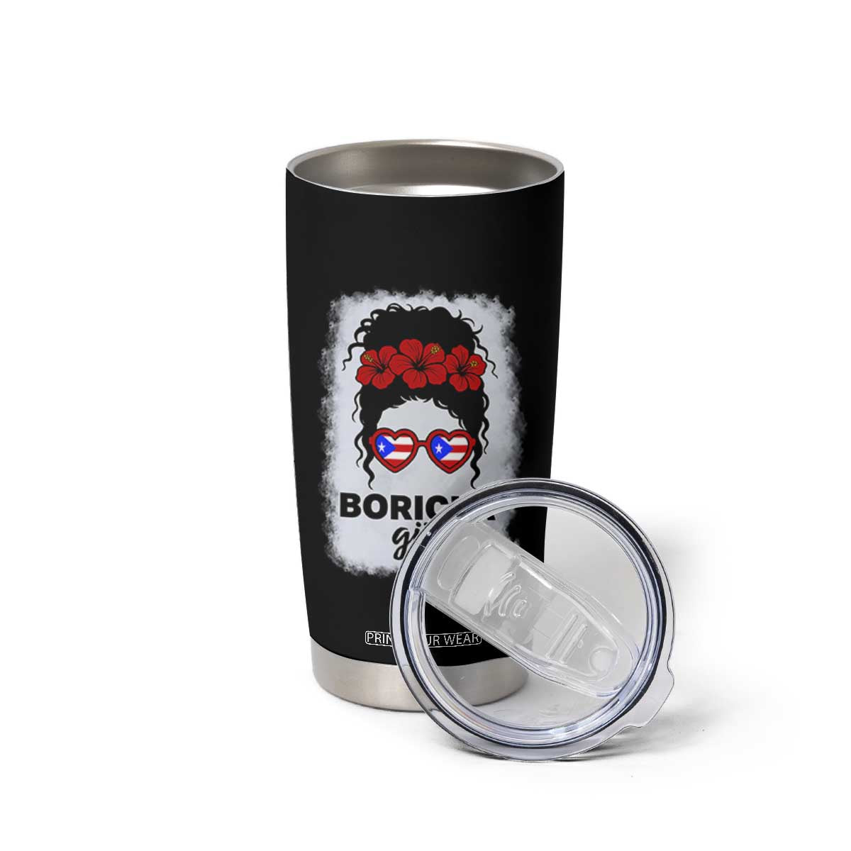 Boricua Girl Tumbler Cup Messy Bun Puerto Rican Flag Hibiscus Flower TS10 Print Your Wear