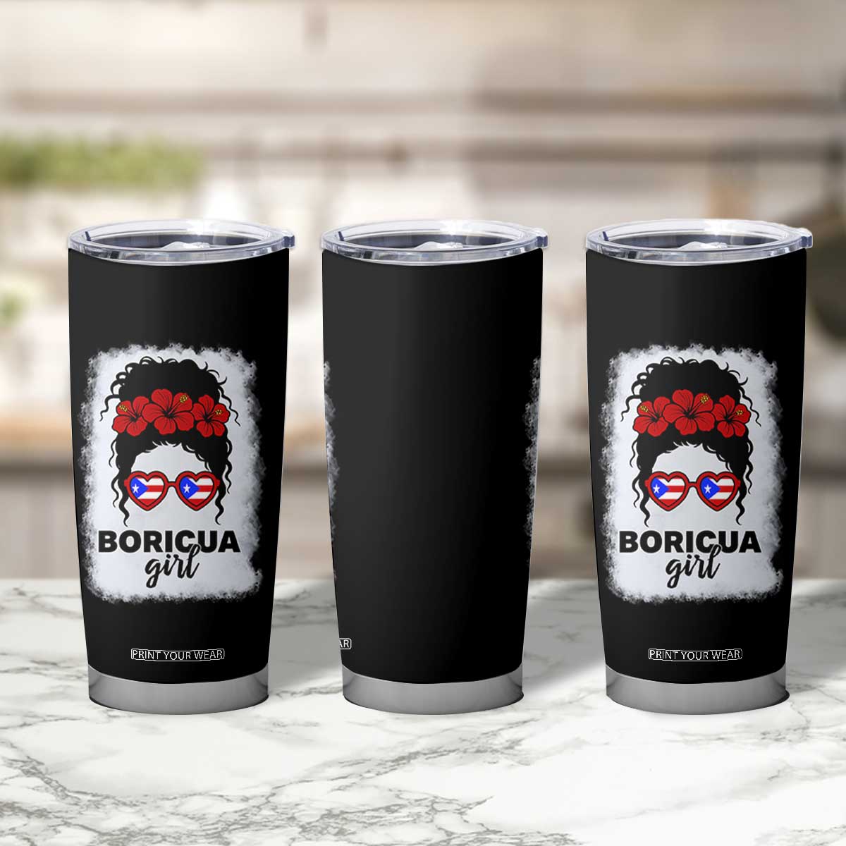 Boricua Girl Tumbler Cup Messy Bun Puerto Rican Flag Hibiscus Flower TS10 Print Your Wear