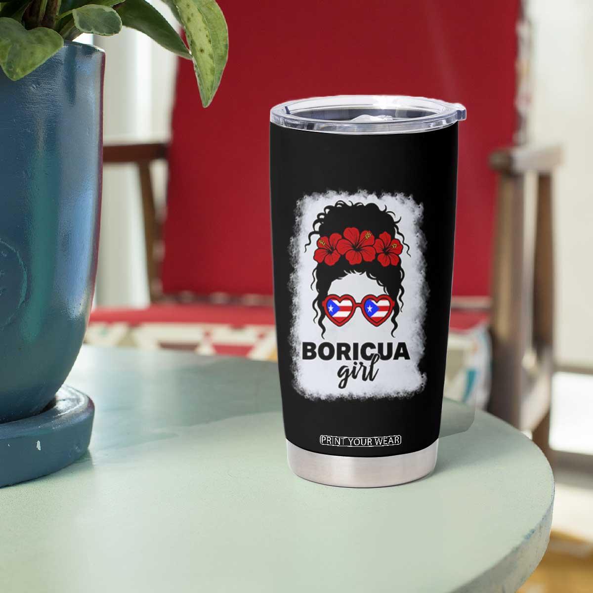 Boricua Girl Tumbler Cup Messy Bun Puerto Rican Flag Hibiscus Flower TS10 Print Your Wear