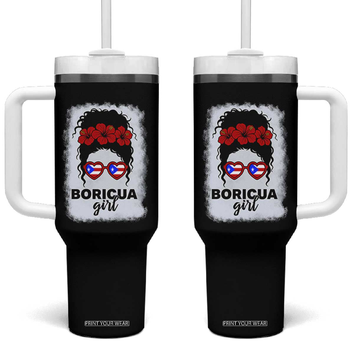 Boricua Girl Tumbler With Handle Messy Bun Puerto Rican Flag Hibiscus Flower TS10 One Size: 40 oz Black Print Your Wear
