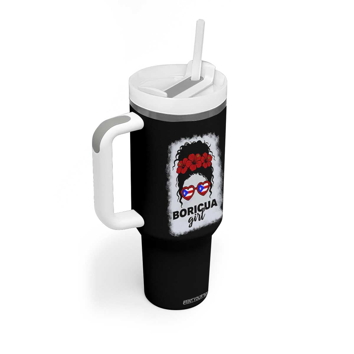 Boricua Girl Tumbler With Handle Messy Bun Puerto Rican Flag Hibiscus Flower TS10 Print Your Wear