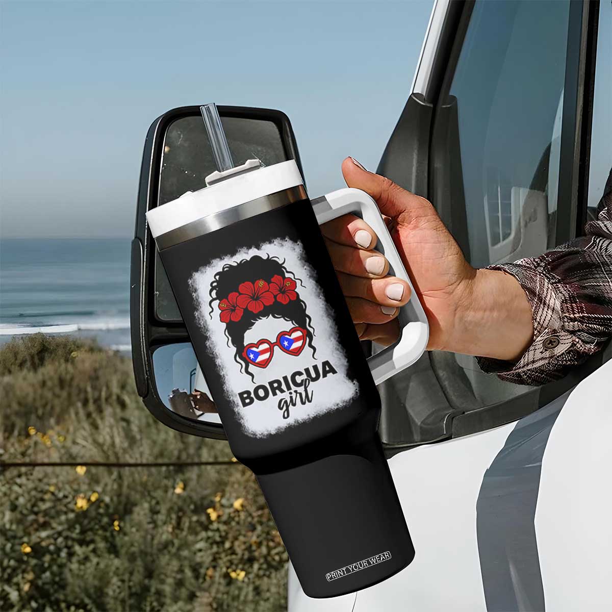 Boricua Girl Tumbler With Handle Messy Bun Puerto Rican Flag Hibiscus Flower TS10 Print Your Wear