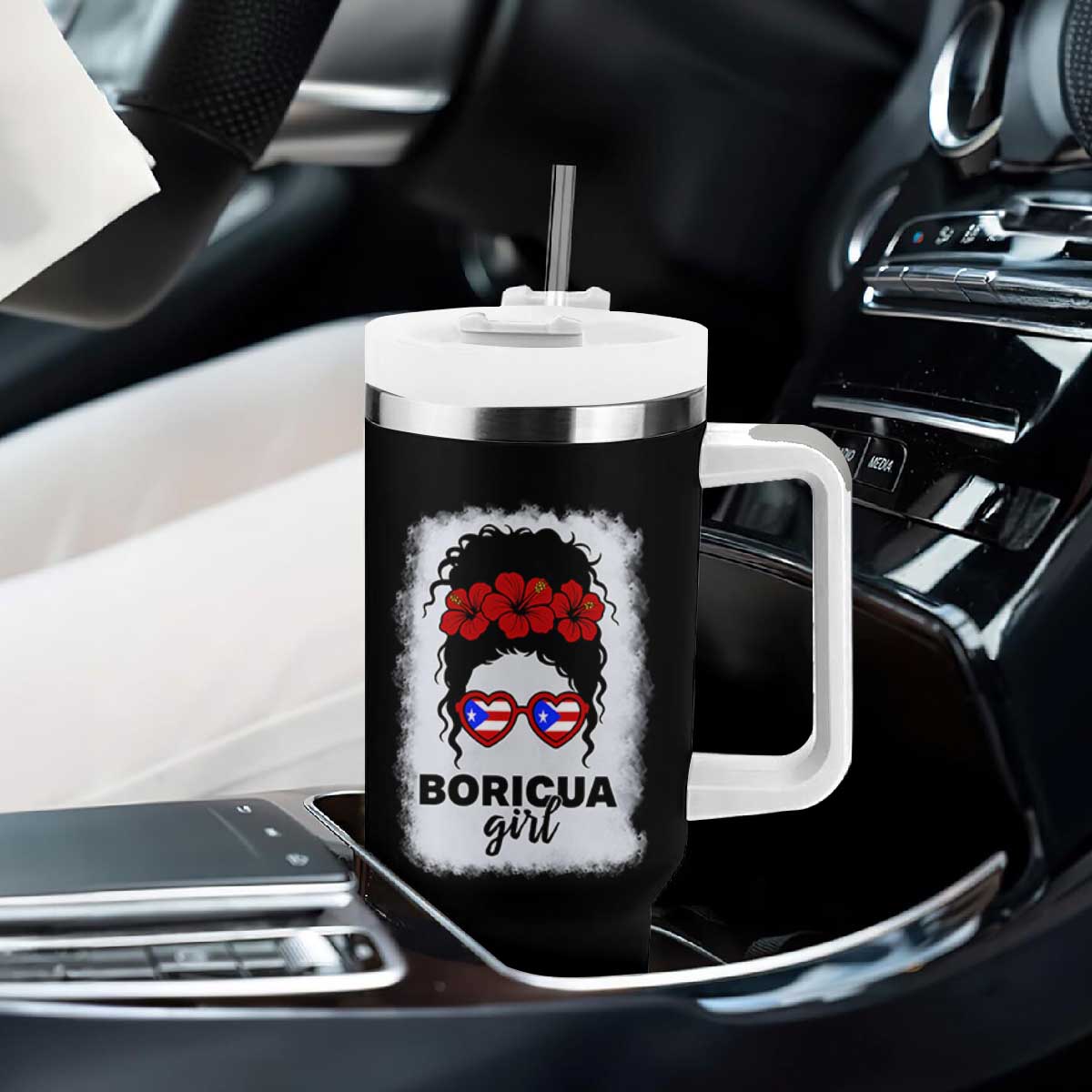 Boricua Girl Tumbler With Handle Messy Bun Puerto Rican Flag Hibiscus Flower TS10 Print Your Wear