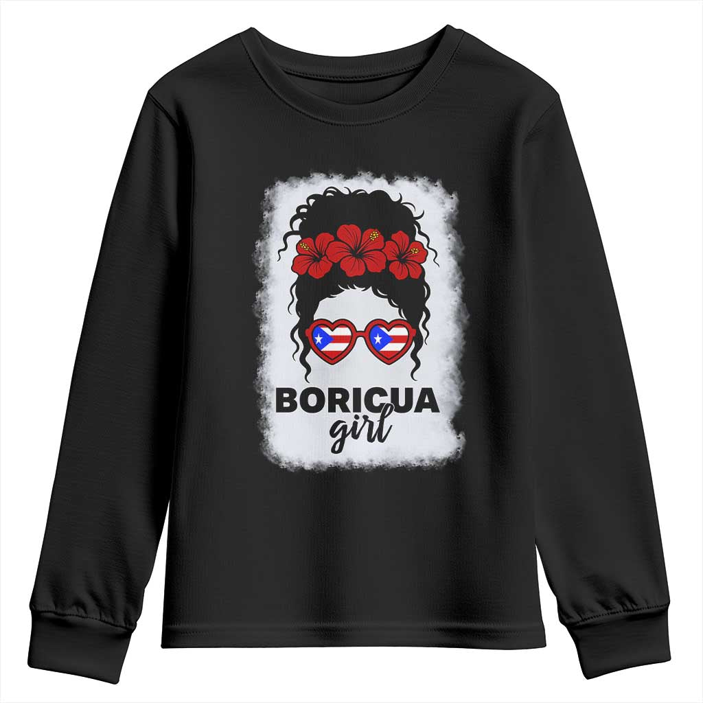Boricua Girl Youth Sweatshirt Messy Bun Puerto Rican Flag Hibiscus Flower TS10 Black Print Your Wear