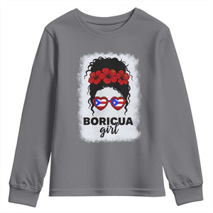 Boricua Girl Youth Sweatshirt Messy Bun Puerto Rican Flag Hibiscus Flower TS10 Charcoal Print Your Wear