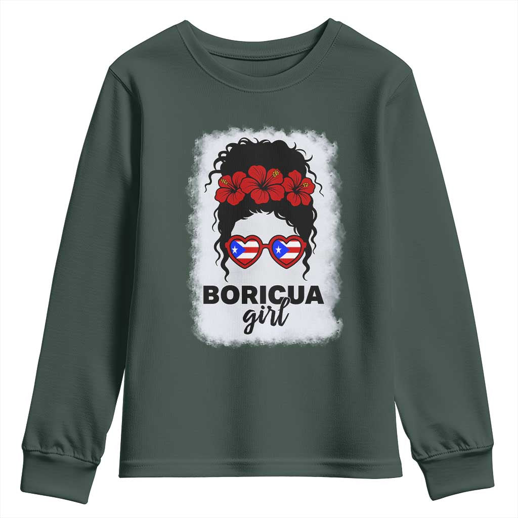 Boricua Girl Youth Sweatshirt Messy Bun Puerto Rican Flag Hibiscus Flower TS10 Dark Forest Green Print Your Wear