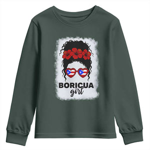 Boricua Girl Youth Sweatshirt Messy Bun Puerto Rican Flag Hibiscus Flower TS10 Dark Forest Green Print Your Wear