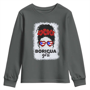 Boricua Girl Youth Sweatshirt Messy Bun Puerto Rican Flag Hibiscus Flower TS10 Dark Heather Print Your Wear