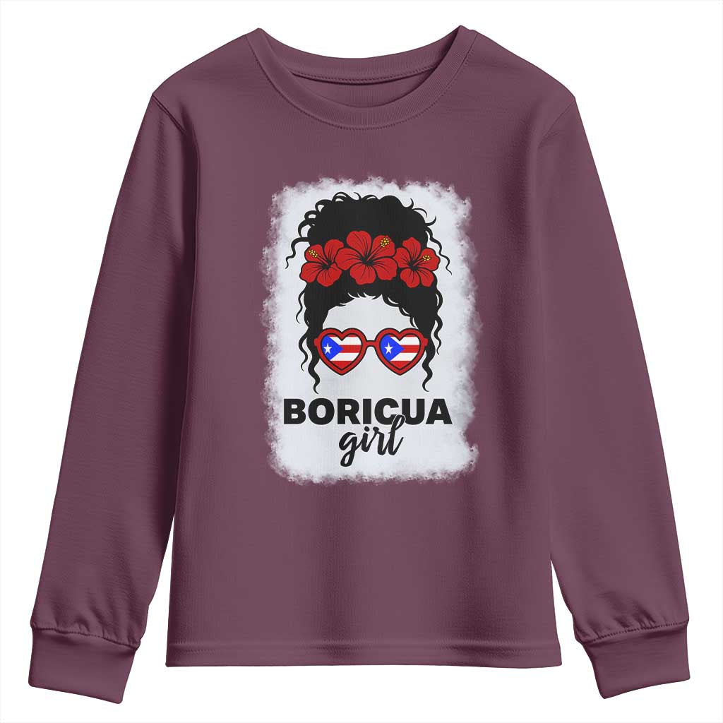 Boricua Girl Youth Sweatshirt Messy Bun Puerto Rican Flag Hibiscus Flower TS10 Maroon Print Your Wear