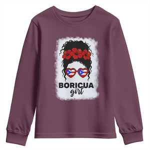 Boricua Girl Youth Sweatshirt Messy Bun Puerto Rican Flag Hibiscus Flower TS10 Maroon Print Your Wear